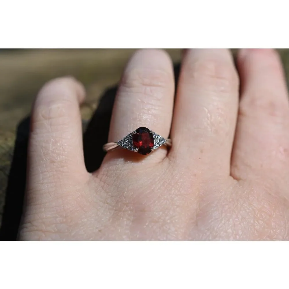 Garnet and white topaz engagement ring size 8 in 925 sterling silver